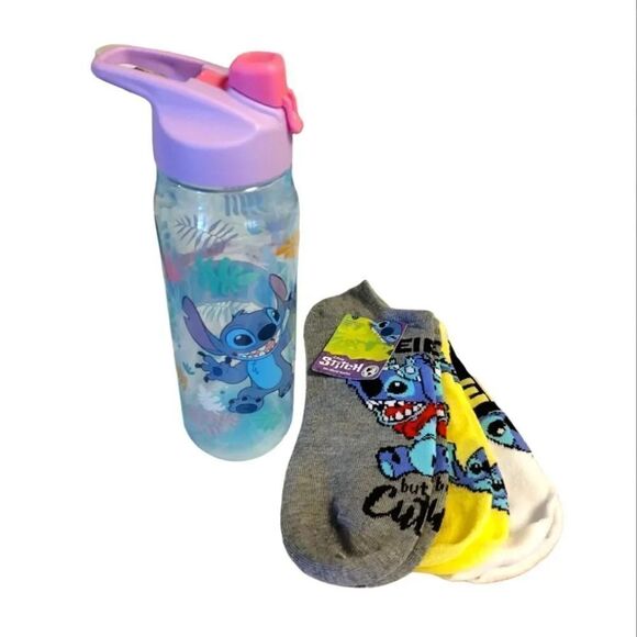 Disney STITCH Colorful Water Bottle and 3 Pairs No Show Socks Bundle NWT - Picture 7 of 16